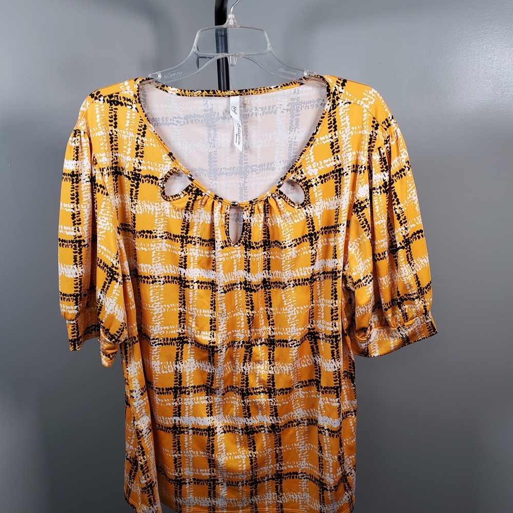 NY Collection Yellow and Black Plaid Blouse